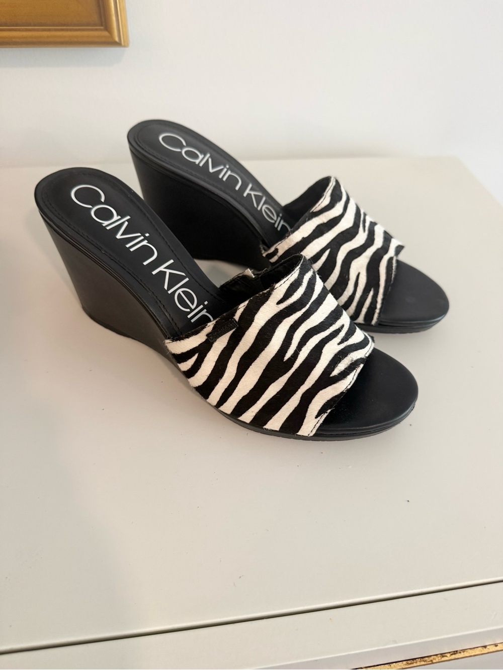 Calvin Klein Zebra-Print Slide Wedge Sandals in Black and White Sz 10